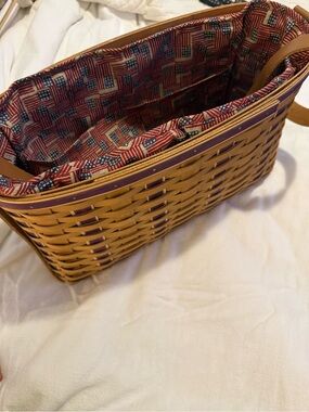 Longaberger Collectors Basket Tote Bag Leather Handle Flag-Print Liner EUC GA000